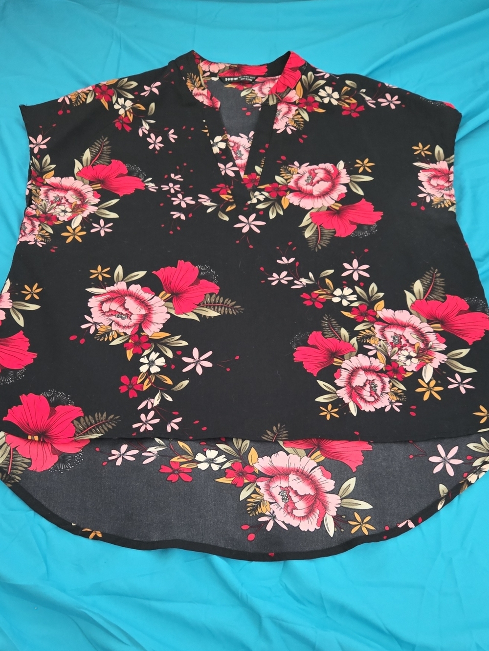 SHEIN Black Tunic Top with Pink Floral Print